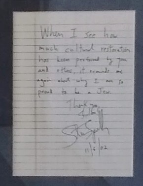 Letter written by Steven Spielberg when he visited the synagogue