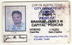 Austin Pedicab license of James M. Branum 2001