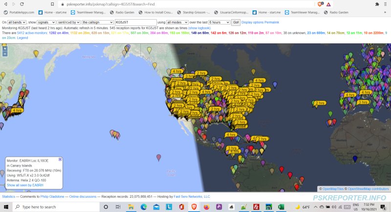 map showing receptions of KG5JST transmissions - daytime 20 meter band